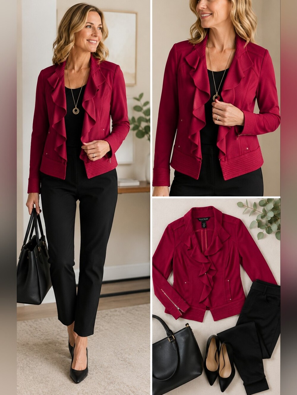 White House Black Market Ruffle Moto Jacket Size 2 Burgundy Stretch Knit